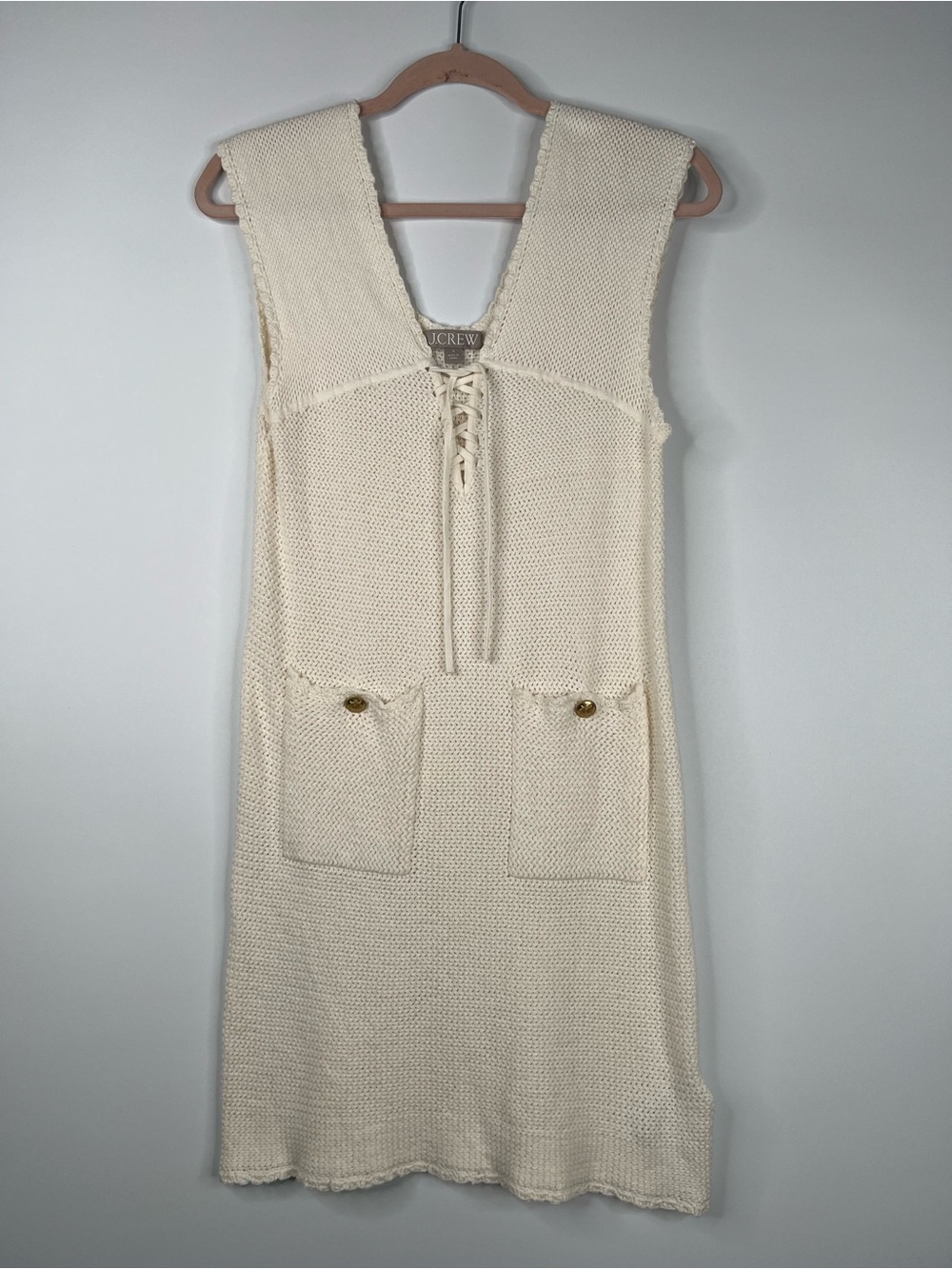 J. Crew Pointelle Lace Up Sweater Dress Cream Cover Up Knit Coastal Cotton Small